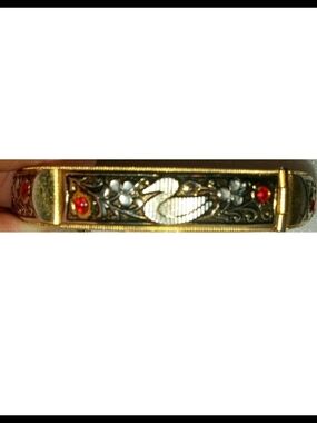 Vintage Gold‑Tone Duck Bracelet Floral Red Rhinestones